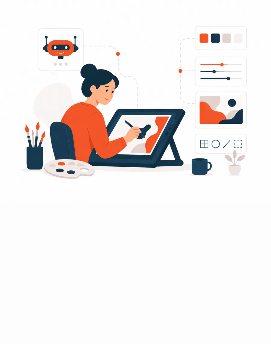 Flat illustration of a digital artist creating artwork with an AI assistant.