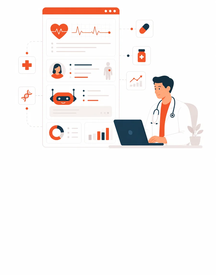 Flat illustration of a clinician working with an AI-assisted patient records dashboard.